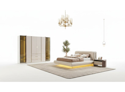 Elegantes Schlafzimmer-Set aus Holz in Beige mit Bett, Kleiderschrank