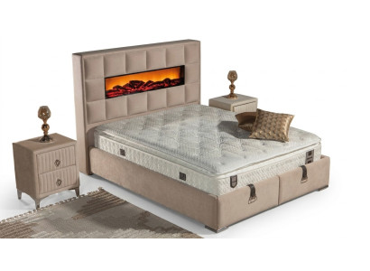 Elegantes Bett mit Matratze in Beige aus Textil und Edelstahl