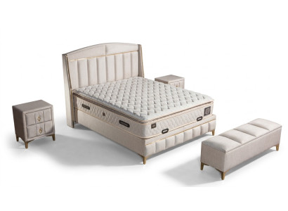 Elegantes weißes Bett mit Matratze aus Textil und Edelstahl