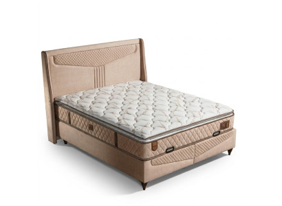 Elegantes Bett mit Matratze in Beige aus Holz und Textil