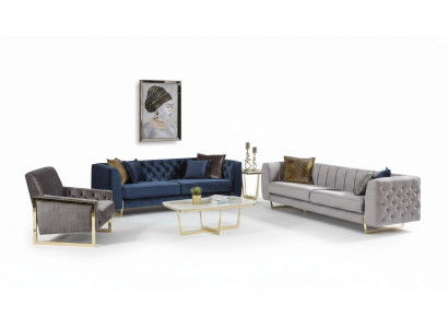 Elegantes 2-tlg. Wohnzimmer Set aus Textil in Blau und Grau