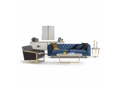 Modernes Wohnzimmer Set aus Textil in Blau-Grau