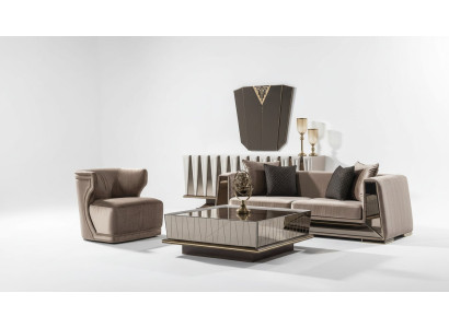 Elegantes braunes Wohnzimmer Set aus Textil und Holz
