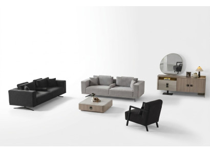 Modernes Wohnzimmer-Set aus grauem Stoff mit Holzrahmen
