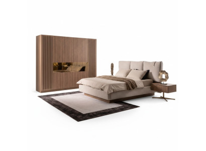Graues Holz Textil Bett Modern Elegant Schlafzimmer