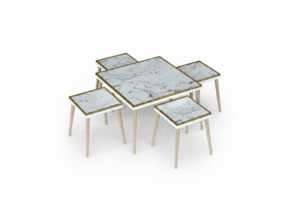 Eleganter weißer Couchtisch mit Beistelltischen aus Holz und Edelstahl