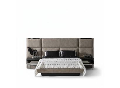Elegantes graues Bett mit Nachttischen aus Holz und Textil