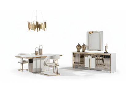 Elegantes Weißes Holz- und Glases Esszimmer Set mit Spiegel