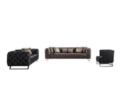 Moderner schwarzer und brauner Holz-Textil-Sofaset mit stilvollem