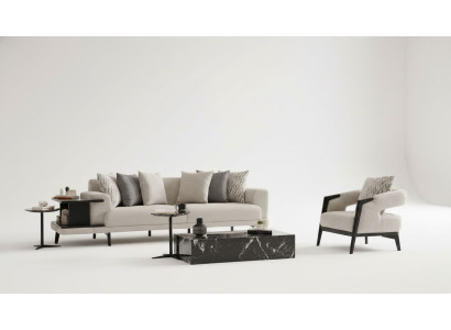 Moderner Beigefarbener Wohnzimmer-Set aus Holz mit Sofa und Sessel