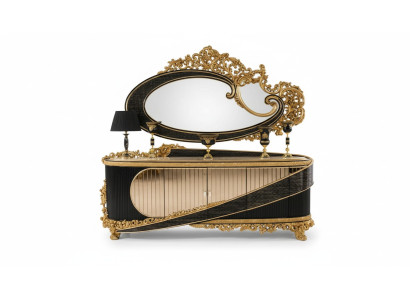 Elegantes schwarzes Holzspiegel mit goldfarbenem Rahmen