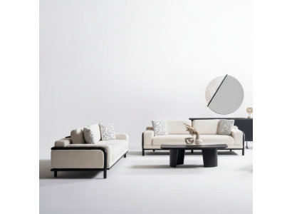 Elegantes beiges Wohnzimmer Set mit Holz und Textil, modern