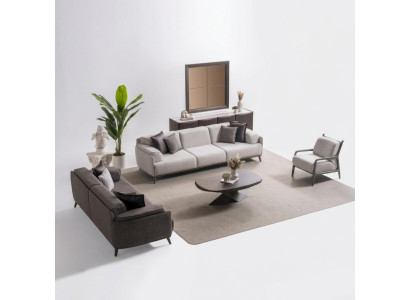 Moderner brauner Holzwohnzimmerset 6-teilig mit Sofa, Sideboard