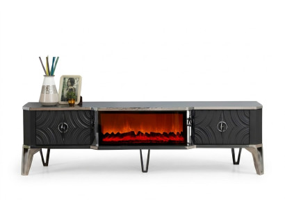 Stylischer grauer TV-Schrank mit Kamin und realistischen Flammen