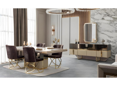 Elegantes Esszimmer Beige Möbelset Tisch Stühle Vitrine TV Board