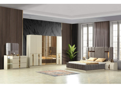 Elegantes Schlafzimmermöbel-Set in Grau-Beige mit Spiegel-Akzenten