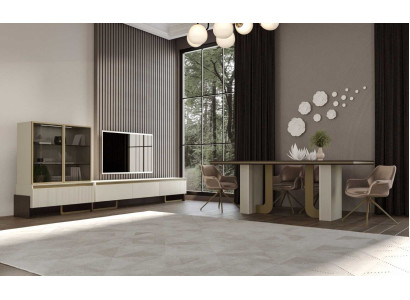 Modernes Esszimmer-Set mit TV-Einheit und Vitrine in Beigetönen