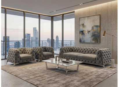 Graues Wohnzimmer-Set: 3+1+1-Sitzer-Sofas Sessel Gestepptes Sofa Chesterfield