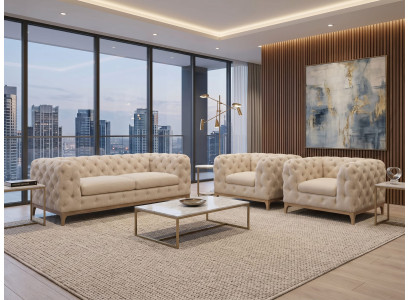 Beiges Wohnzimmer-Set 2,5+1+1-Sitzer-Sofas Chesterfield Gesteppte Sofas Sessel