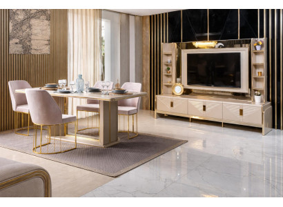 Esszimmer Set Esstisch 4x Stühle TV-Block Beige Moderner Stil Komfortabel