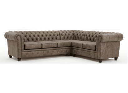 Großes braunes L-förmiges Ecksofa Chesterfield Ledersofa mit gestepptem Bezug