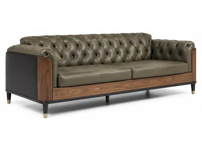 Klassisches Chesterfield Sofa Grüne Wohnzimmer Ledercouch Holzgestell