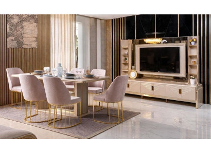 Esszimmer Set Esstisch 6x Stühle TV-Block Beige Moderner Stil Elegant