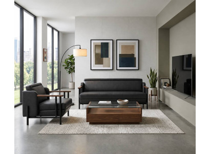 Einzigartige Schwarze Wohnzimmer Couchgarnitur 3-Sitzer Sessel 2tlg