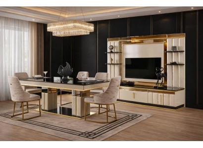 Esszimmer Set Esstisch 4x Stühle TV-Block Beige Moderner Stil Praktisch