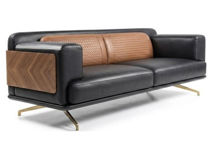 Schwarz-Brauner 3-Sitzer Luxuriöse Ledercouch Goldene Metallfüße
