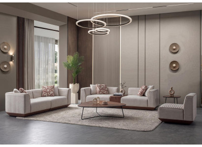 Sofa Set hellbeige mit Holzsockel modern und geradlinig Couch Möbel Polster