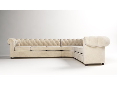Großes beiges L-förmiges Ecksofa klassisches Stoffsofa Chesterfield