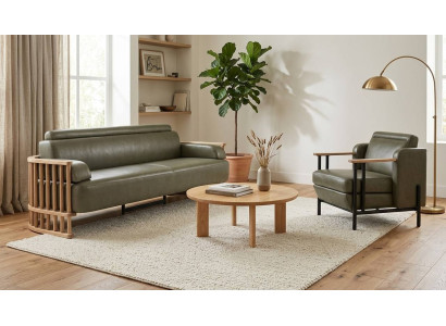 Moderne Grüne Ledergarnitur Stilvoller 3-Sitzer Designer Sessel