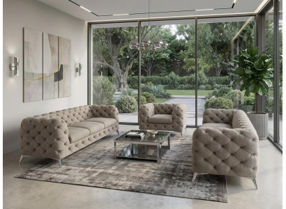 Beiges Wohnzimmer-Set: 3+3+1-Sitzer-Sofas Gesteppte Sofas Sessel Chesterfield