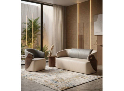 Grau-Beige Wohnzimmer Couchgarnitur 3-Sitzer Polstersessel 2tlg