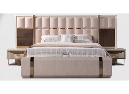 Designer Schlafzimmer Garnitur Beiges Polsterbett Nachttische