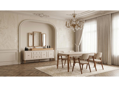 Esszimmer-Set Modern Beige Edel Stühle(4x) Sideboard Spiegel
