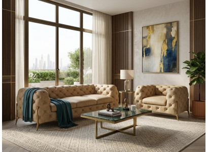 Luxuriöses beiges Wohnzimmer-Set 3+1-Sitzer-Sofas Gesteppte Chesterfield-Sofas