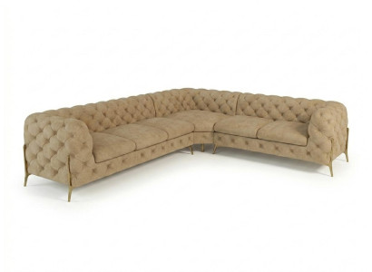 Hellbraunes L-förmiges Ecksofa goldene Füße gestepptes Sofa Chesterfield