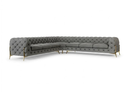 Großes graues L-förmiges Ecksofa goldene Füße gestepptes Sofa Chesterfield