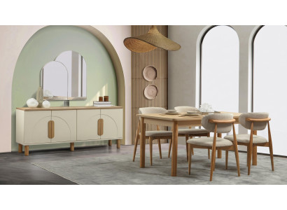 Esszimmer Set Esstisch Stühle(4x) Kommode Spiegel Beige Holz Modern