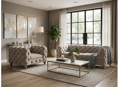 Luxuriöses beiges Wohnzimmer-Set 2,5+1-Sitzer-Sofas Chesterfield Gesteppte