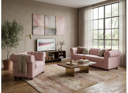Klassisches hellrosa Wohnzimmer-Set 3+1-Sitzer-Sofas gesteppt Chesterfield