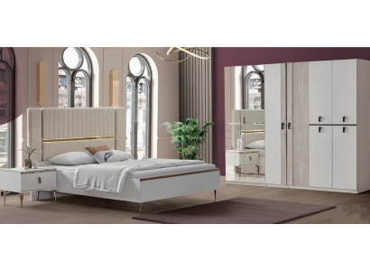 Elegantes Schlafzimmer Set Designer Textilbett Schrank Nachttische