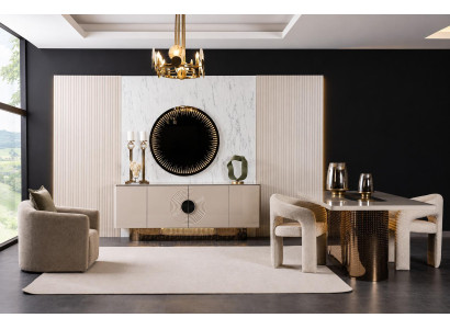Elegantes Esszimmer Set Beiger Esstisch 2x Polsterstühle Sideboard