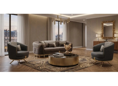 Graues Textilsofa Designer Polstercouch Exklusive 2x Loungesessel