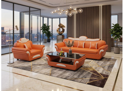 Elegantes Sofa Set 3-Sitzer Sofa Sessel Orange Weiß Modern Wohnzimmer