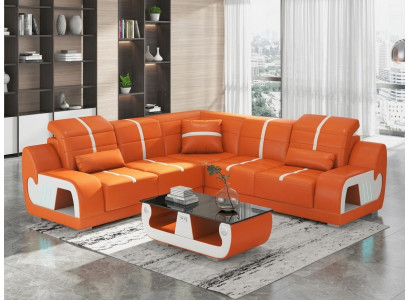 Leder Ecksofa L-Form Modern Orange Couchtisch Led Design Wohnzimmer