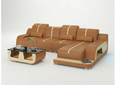 Leder Ecksofa L-Form Modern Orange Komfort Couch Led Design Wohnzimmer