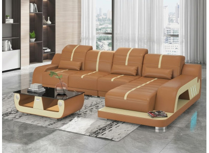 Leder Ecksofa L-Form Modern Orange Couchtisch LED Design Wohnlandschaft